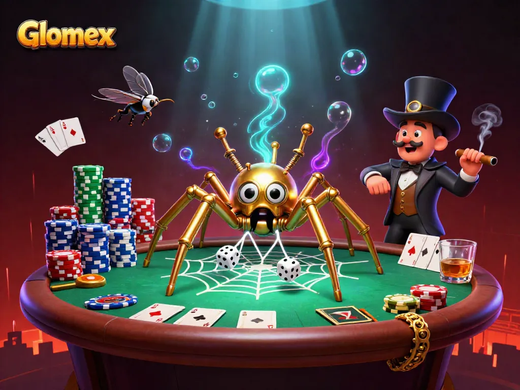 Experience thrilling Glomex action with a steampunk spider capturing dice in a vibrant casino scene.