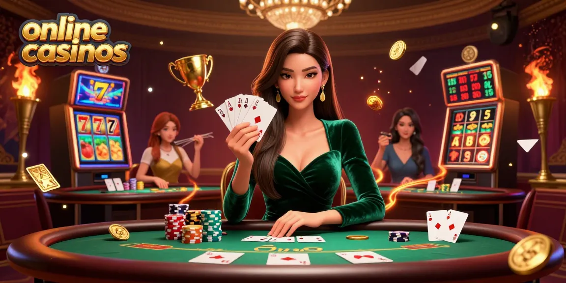 Experience online casinos with a photorealistic Asian woman at a poker table, showcasing rich gameplay.