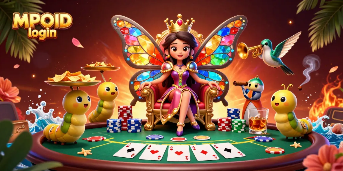 Engage in the colorful MPOID login experience with vibrant casino elements and characters.