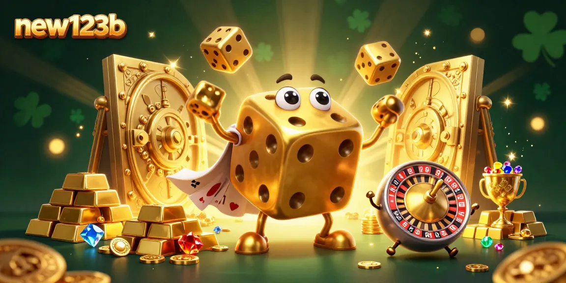 Experience new123b's thrilling features with golden dice and treasure in this vibrant casino scene!