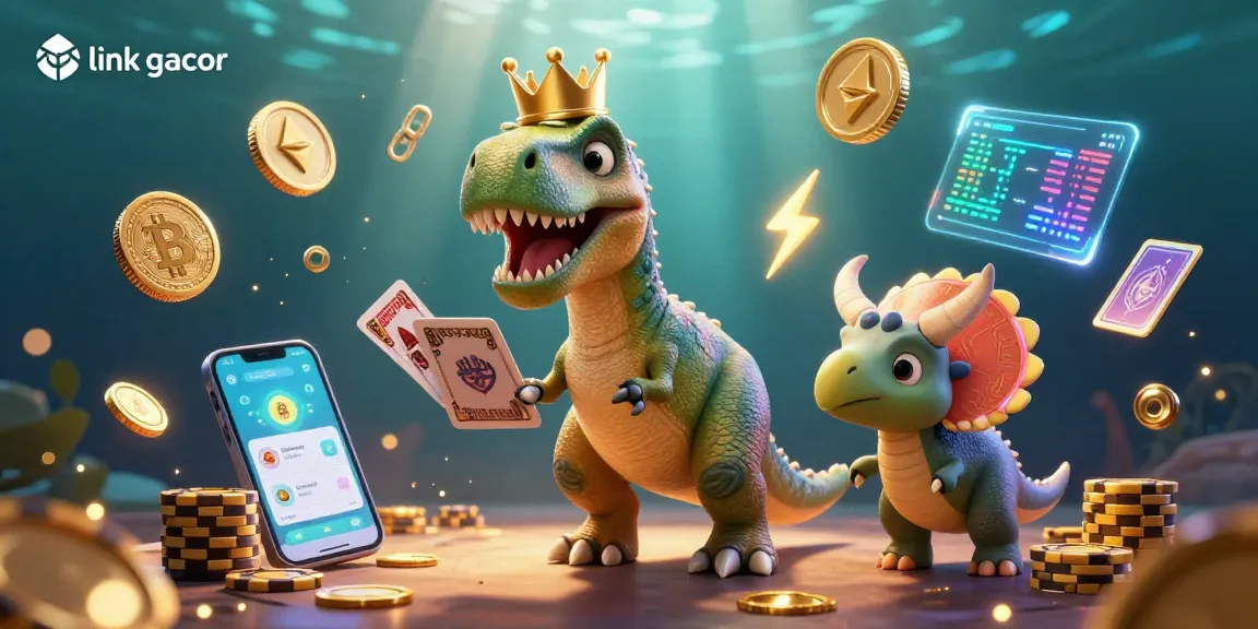 Engage with link gacor as a T-Rex shuffles cards and a triceratops stacks chips in a colorful casino scene.
