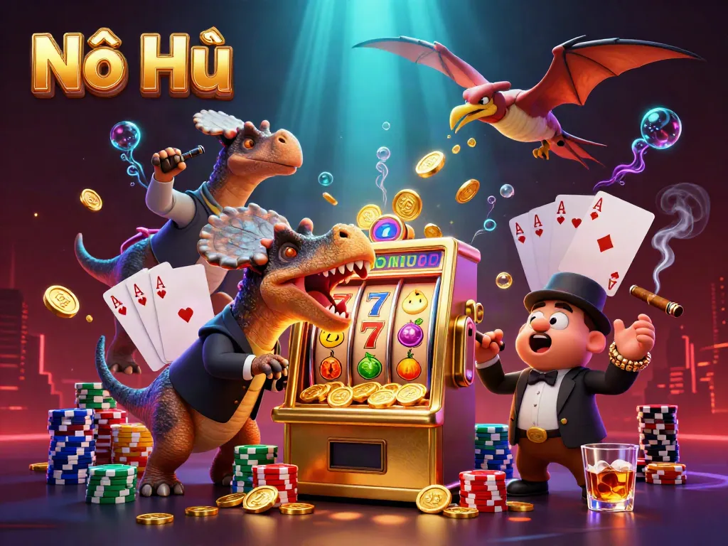 Experience thrilling Nổ Hũ gameplay as a dinosaur headbutts a slot machine, coins scattering everywhere!