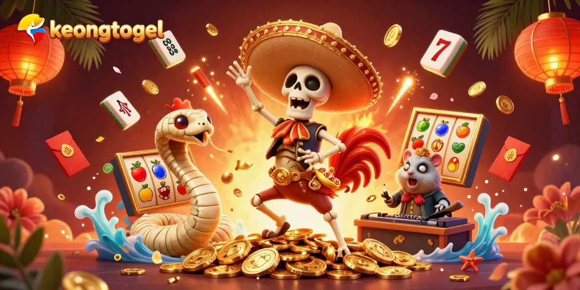 Experience exhilarating wins with keongtogel as a mariachi rooster celebrates amidst golden coins and slot elements.