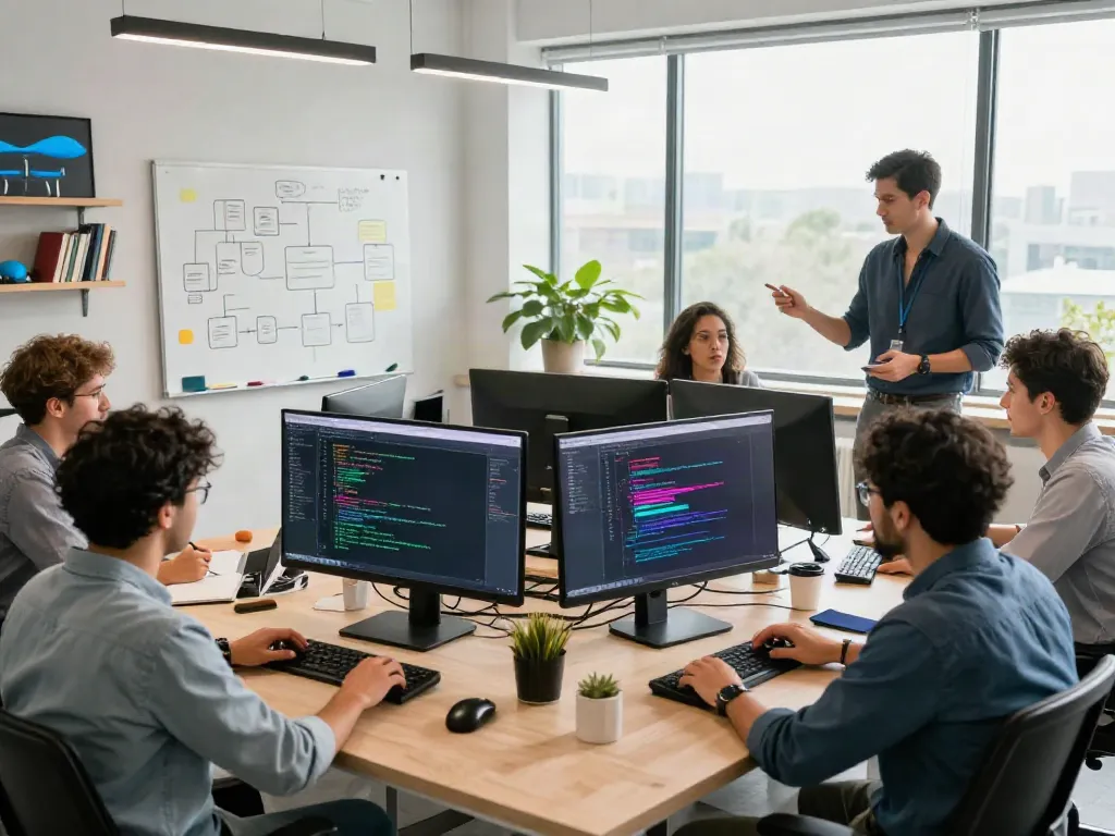 AL08APP.WIN collaborative tech workspace with diverse professionals coding and brainstorming in a modern office.