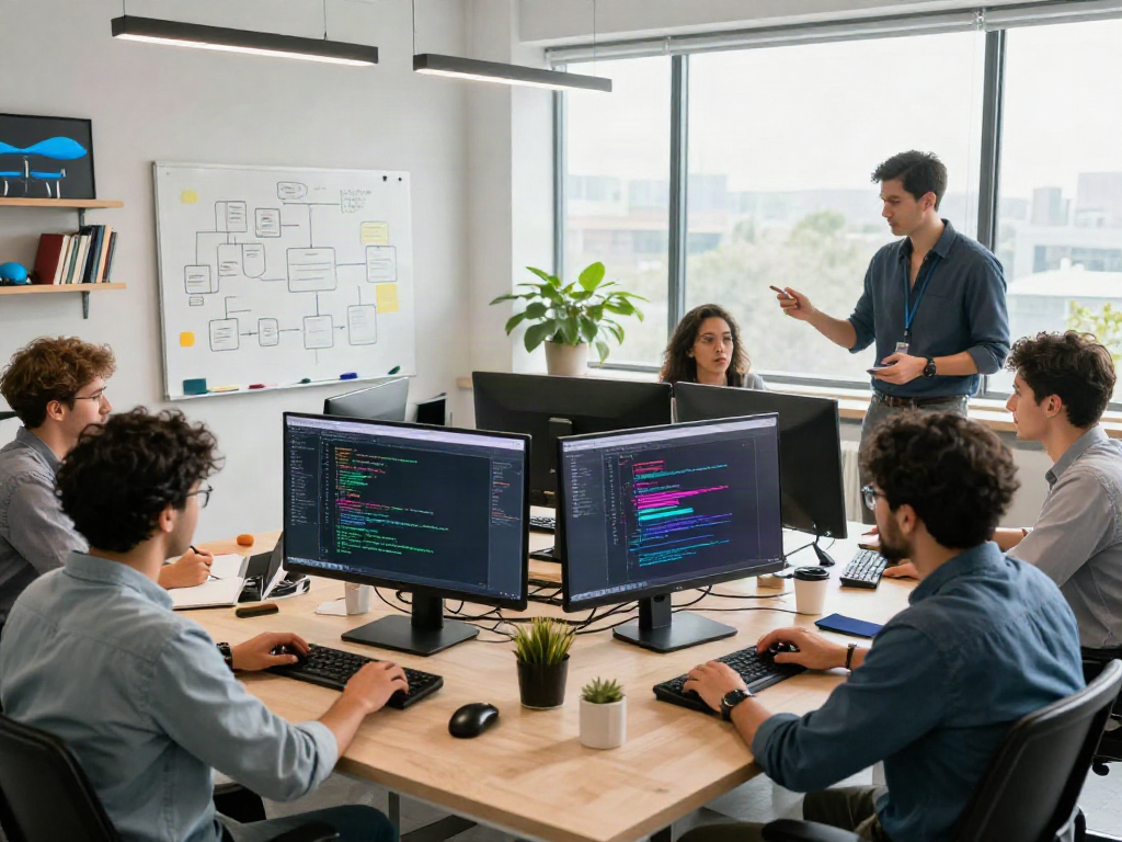 AL08APP.WIN collaborative tech workspace with diverse professionals coding and brainstorming in a modern office.