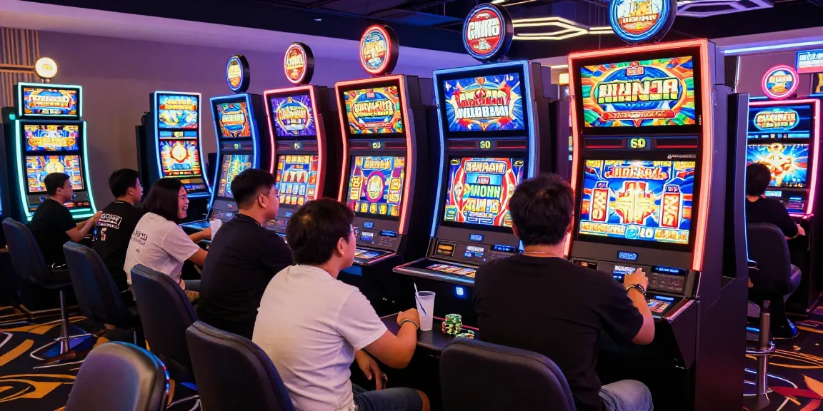 Slot gacor hari ini menampilkan pemain yang bersemangat di mesin slot di kasino, dengan atmosfer ceria dan lampu neon yang menyala.