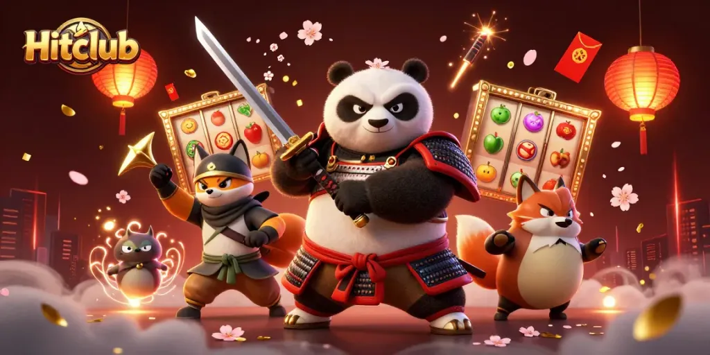 Hitclub showcases a dynamic scene with samurai panda, ninja fox, and spirit tanuki amid slot reels, celebrating gaming