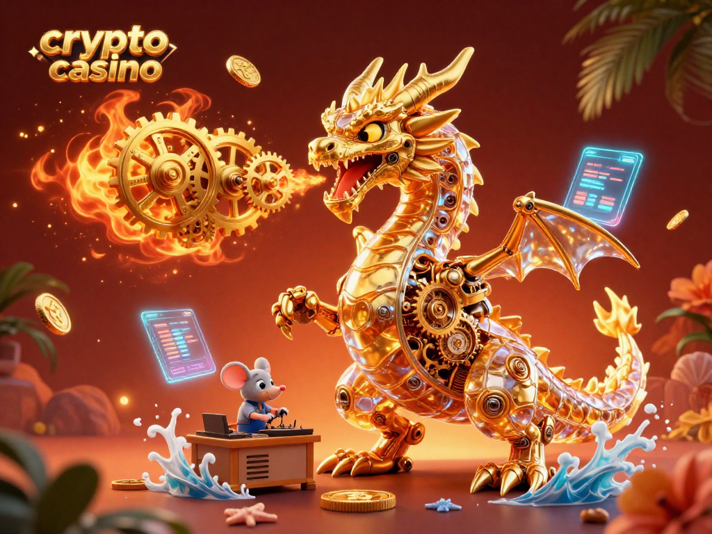 Experience the thrill of crypto casino games with a golden dragon and blockchain motifs.