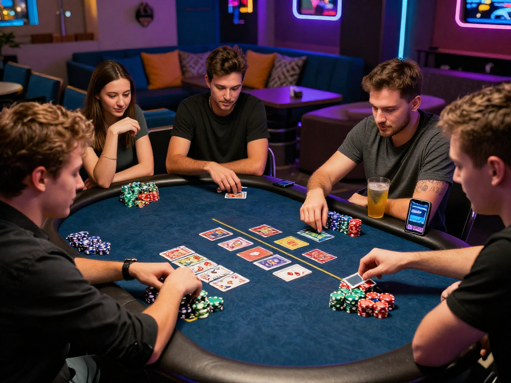 Play free with friends in a vibrant casino setting, enjoying card games and social interaction.