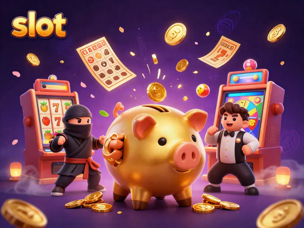 Permainan slot dengan karakter unik dalam ilustrasi 3D, mengguncang koin emas.