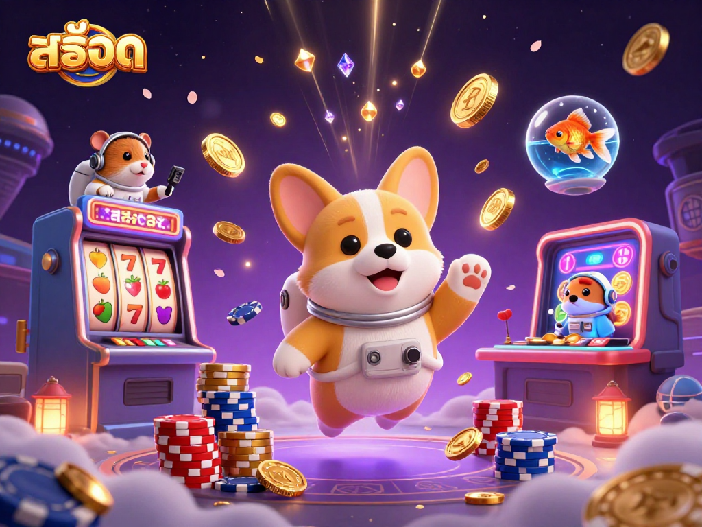 Play vibrant สล็อต with exciting features in our casino-themed illustration showcasing thrilling reels and friendly characters.