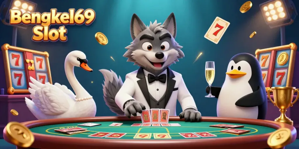 Bengkel69 Slot showcases a debonair wolf and elegant swan playing a thrilling slot game with jackpot elements.