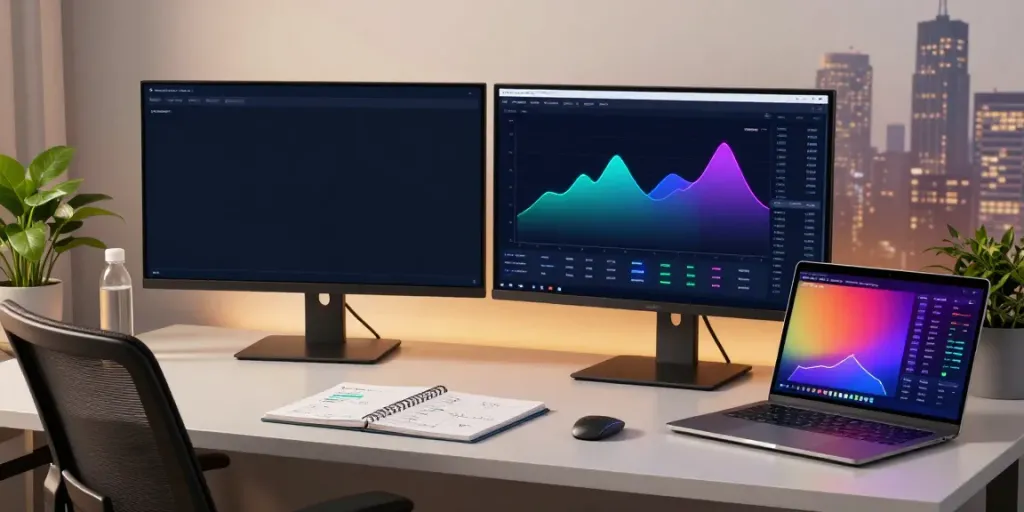 ผลหวยหุ้นย้อนหลัง ในบรรยากาศสำนักงานการค้า cryptocurrency ที่มีการแสดงกราฟ Bitcoin และ Ethereum พร้อมข้อมูล DeFi