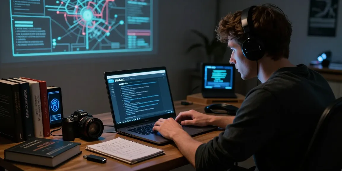 The hidden wiki dark web exploration with a person at a laptop surrounded by notes and cybersecurity tools in a dimly lit room.