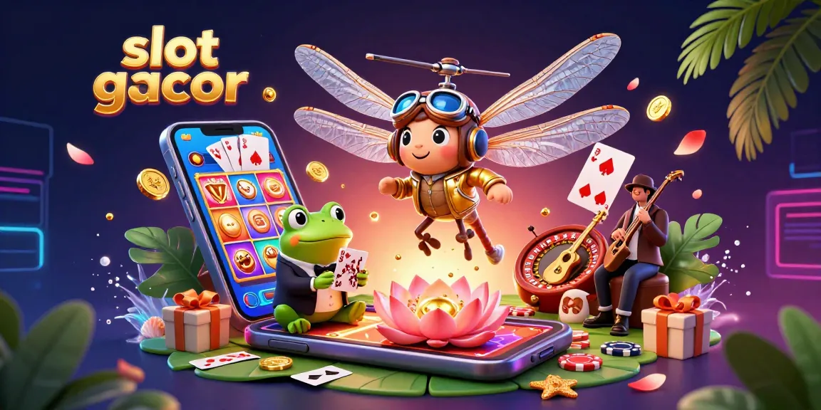 Engage with slot gacor visuals featuring a dynamic dragonfly pilot, frog croupier, and exciting slot action.