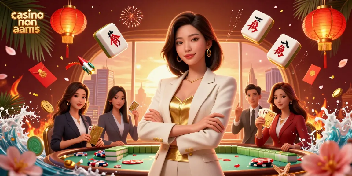 Scopri l'energia vibrante del casino non aams con un'elegante donna asiatica che mostra le sue carte d'oro tra elementi di gioco colorati.