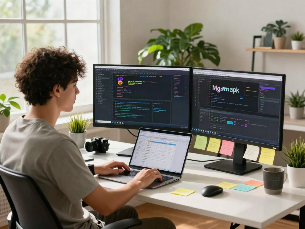 Developer coding with mgm apk on dual monitors in a bright home office.