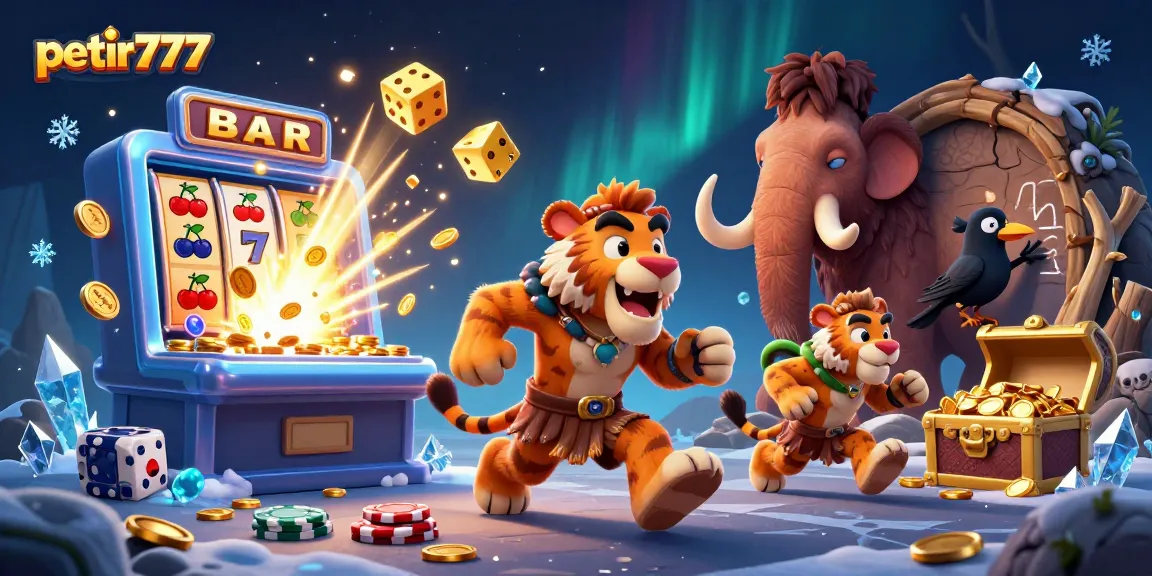 Experience the excitement of petir777 with a vibrant prehistoric casino scene depicting thrilling jackpots and engaging gameplay.
