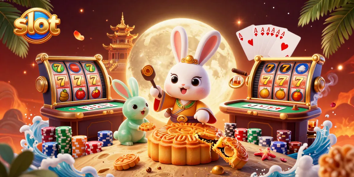 Experience the thrill of slot gaming with a cartoon moon rabbit and poker chips on the lunar surface.