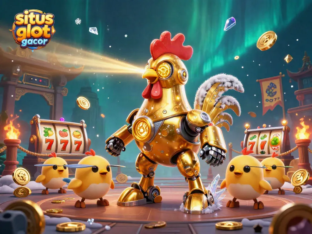 Permainan situs slot gacor dengan ilustrasi robot ayam emas futuristik dan jet drone pengikutnya.
