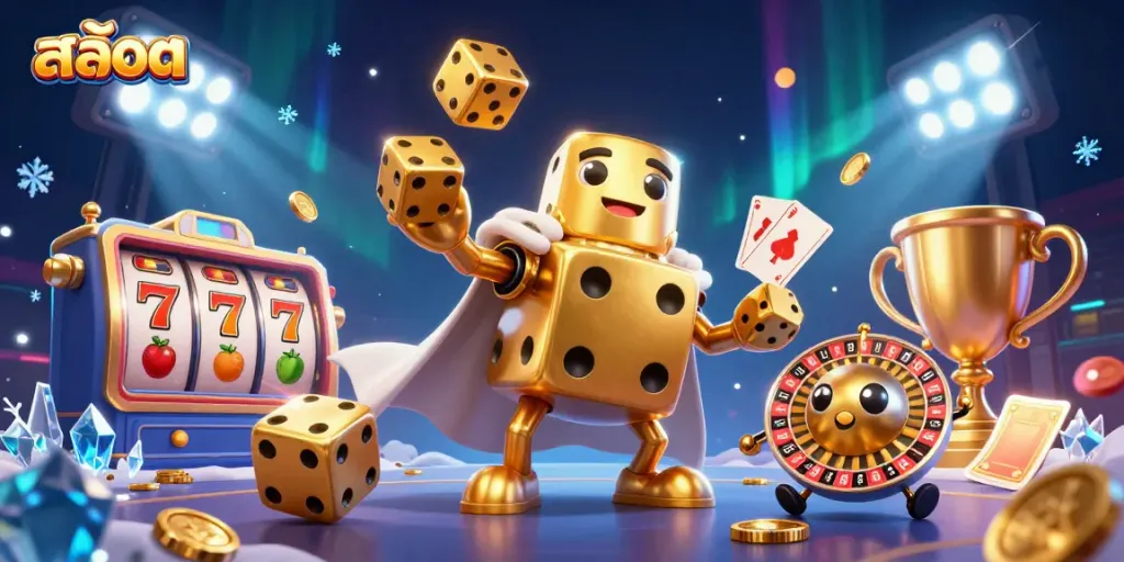 Engage in exciting สล็อต gameplay with vibrant golden dice characters and dynamic gambling elements.