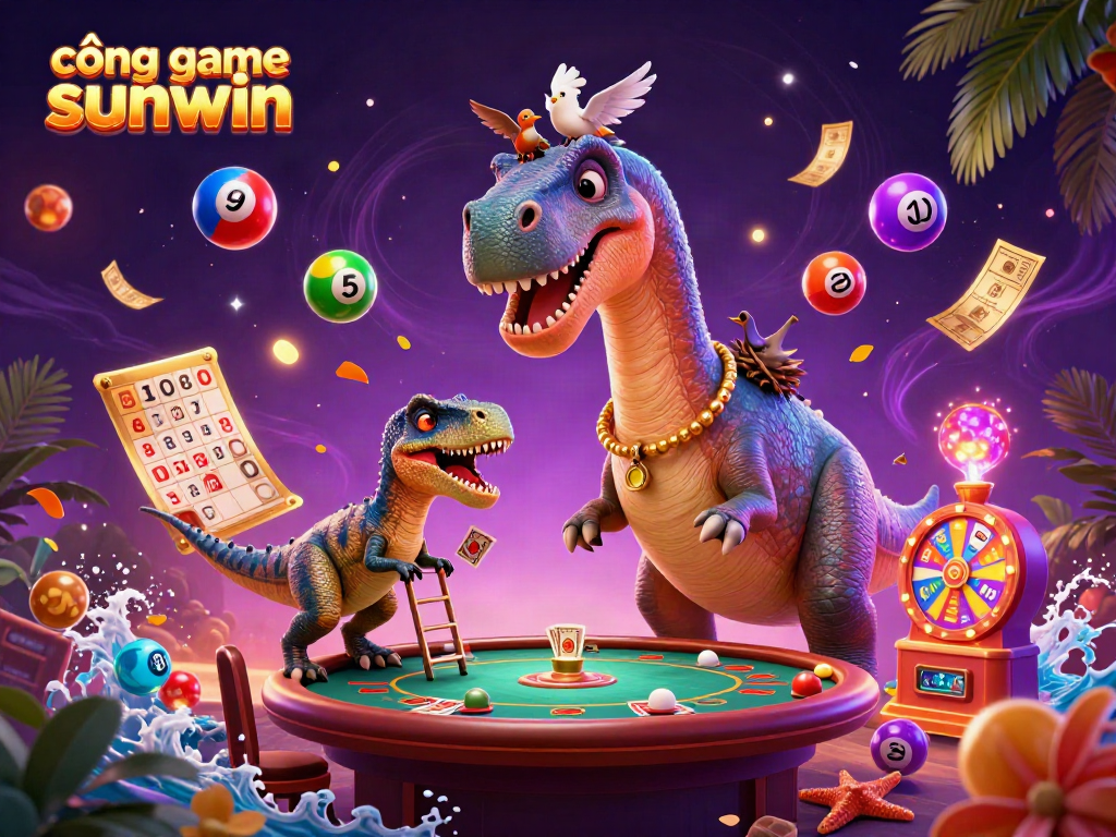 Get ready to explore the cổng game sunwin, where a giant brontosaurus overlooks a vibrant casino scene with dynamic lottery elements.