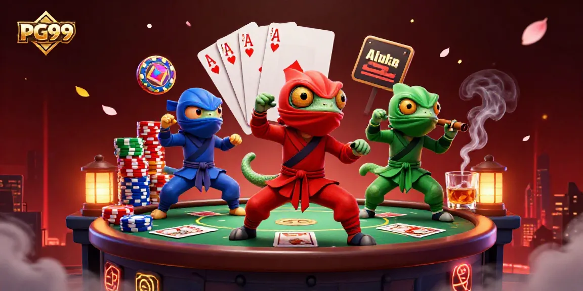 Experience dynamic action with PG99's ninja chameleons in vibrant casino-themed illustration.