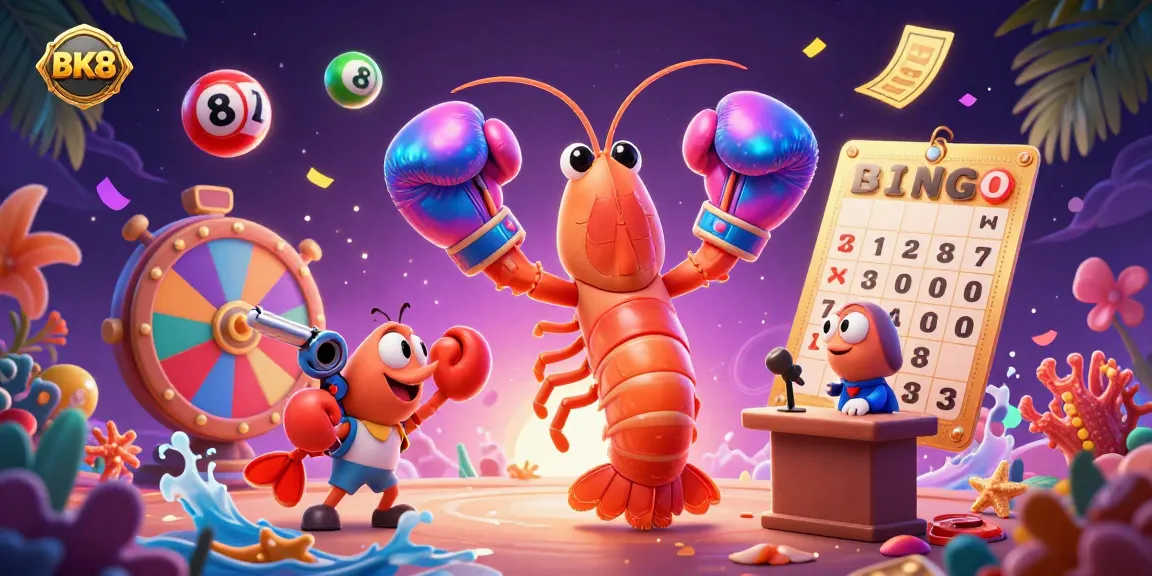 Experience the excitement of BK8 Casino with vibrant elements, featuring a mantis shrimp and its sidekick amid lottery and bingo items.