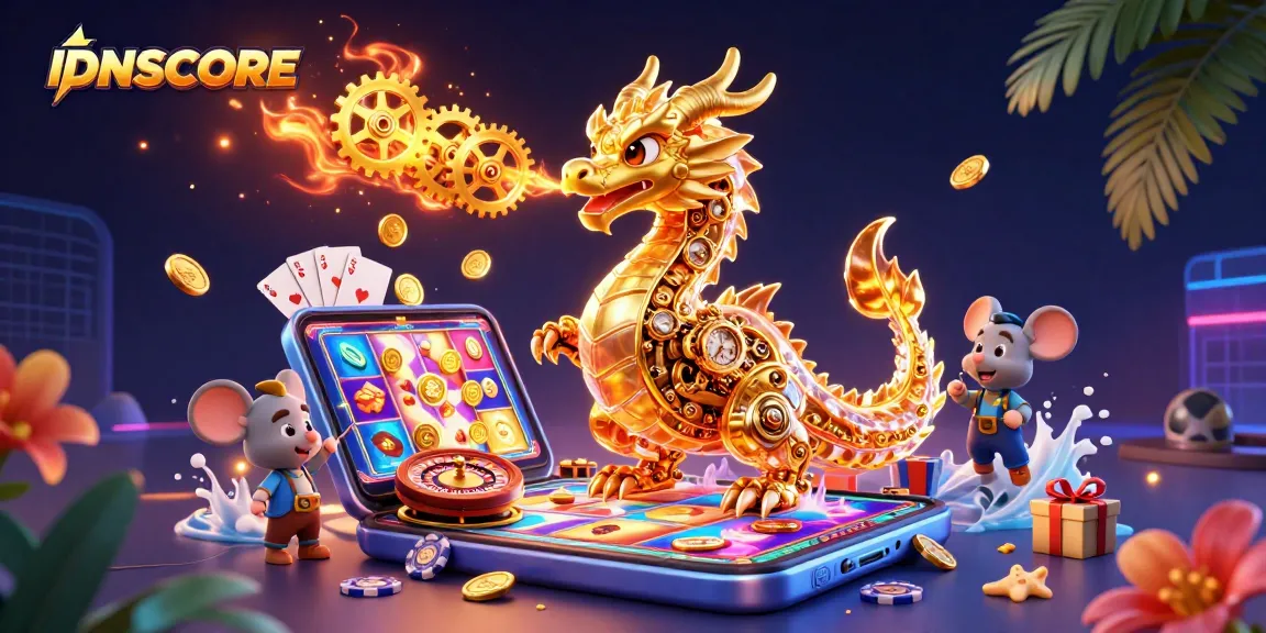 Experience thrilling gaming adventures with IDNSCORE's golden dragon and dynamic casino elements.