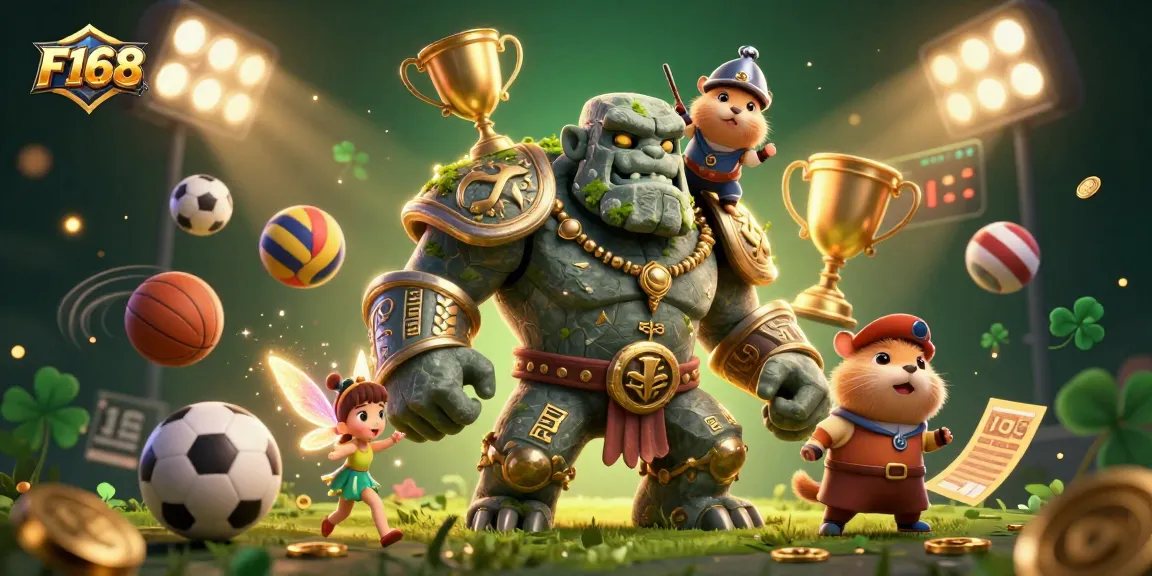 Experience the excitement of F168 with a magical scene featuring a golem, fairy, and hamster knight in a vibrant casino setting.