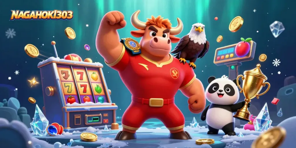 Menangkan jackpot di NAGAHOKI303 dengan karakter penuh energi dalam ilustrasi kasino yang hidup.