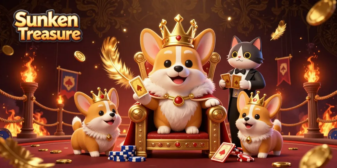 Experience Sunken Treasure with a royal corgi on a throne of poker chips amidst a vibrant casino scene.