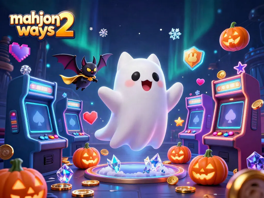 Play Mahjong Ways 2 with a friendly ghost cat and vampire bat in a haunted casino