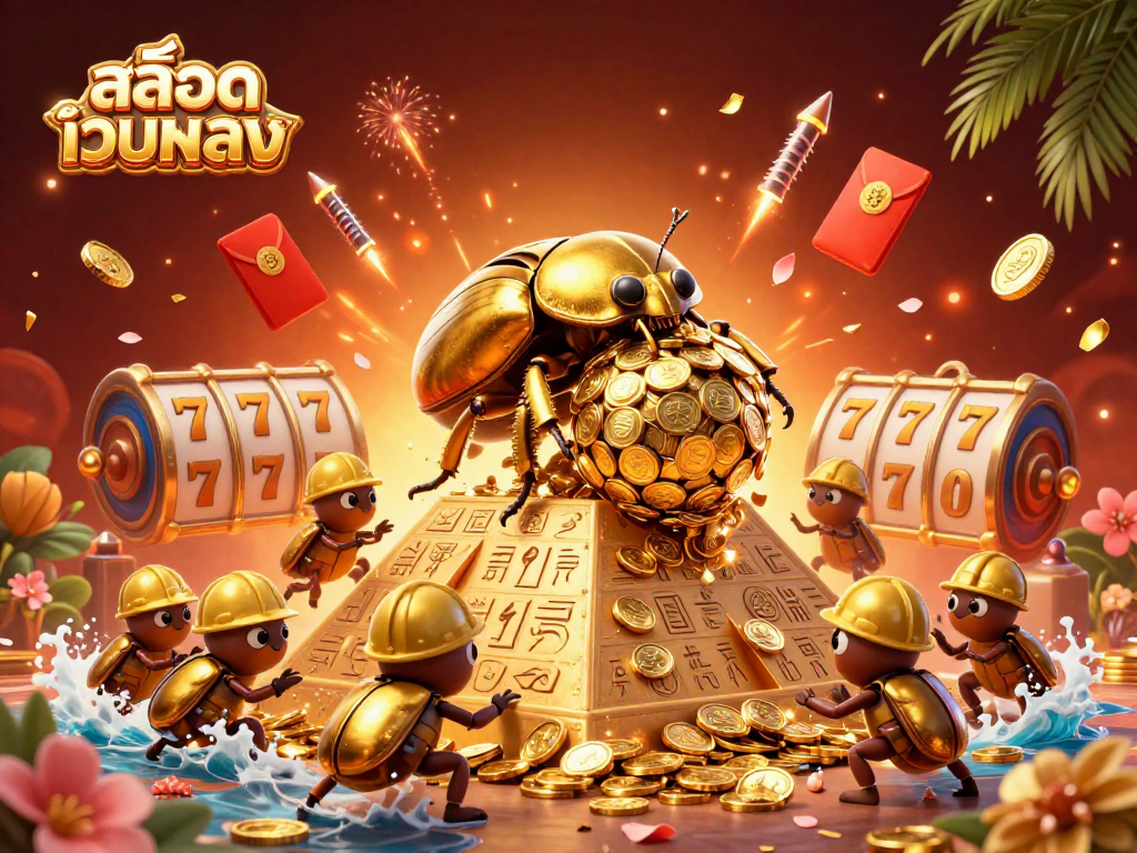 Play exciting slot games and win big at สล็อตเว็บตรง with this dynamic 3D illustration featuring golden beetles and casino elements.