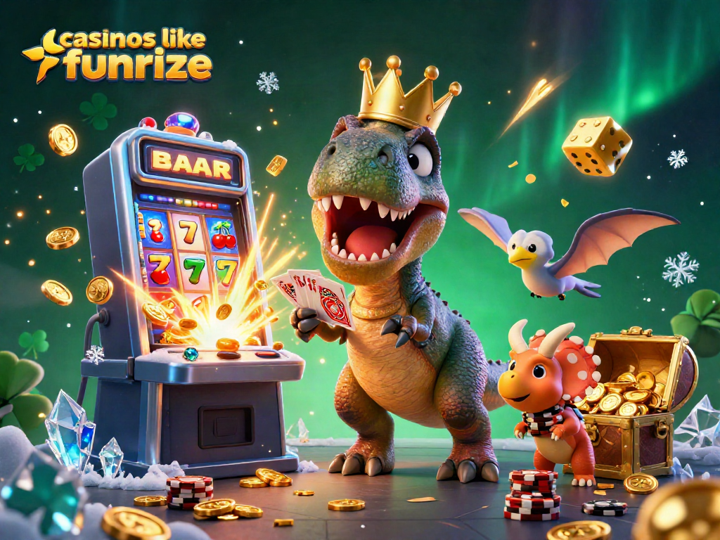 Play slots and win with casinos like funrize in this vibrant, animated casino scene.