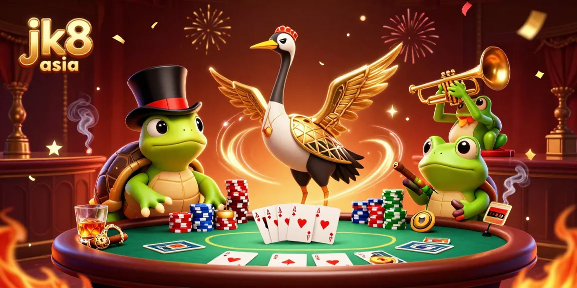Engaging scene showcasing jk8 asia with a lively poker table, vibrant characters, and festive atmosphere.