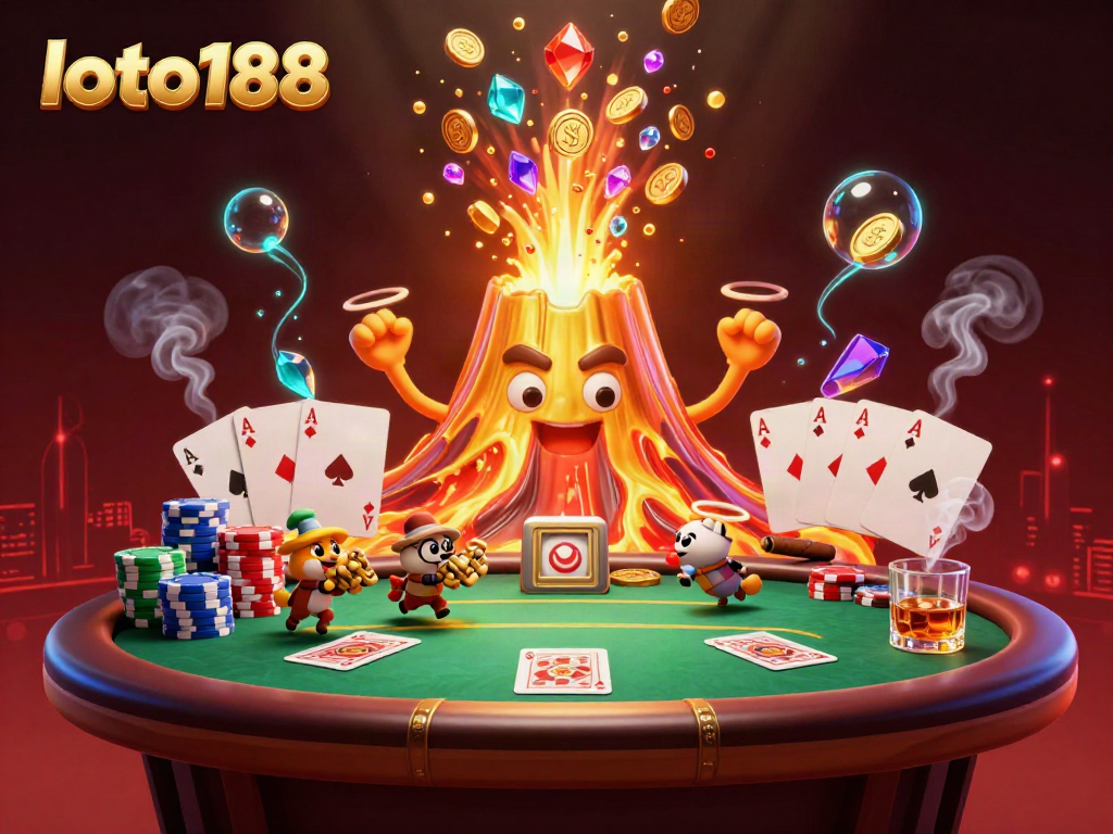 Engage with loto188 as a golden volcano erupts treasures amid a lively poker scene.
