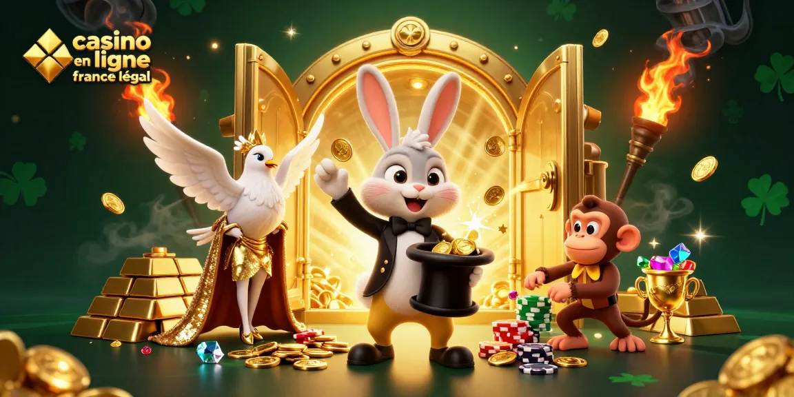 Experience the magic of casino en ligne France légal with a 3D illustration showcasing playful characters and dazzling treasures.