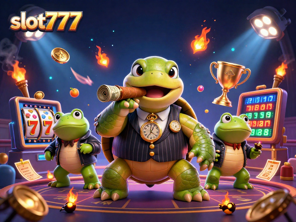 Engage in thrilling gameplay with slot777 as a massive turtle in a suit and bullfrogs surround dynamic slot elements.
