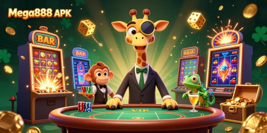 Experience the thrill of gambling with Mega888 APK featuring vibrant characters and dynamic casino elements.