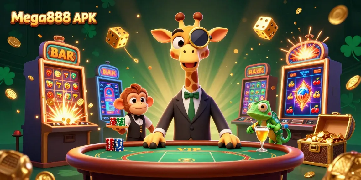Experience the thrill of gambling with Mega888 APK featuring vibrant characters and dynamic casino elements.
