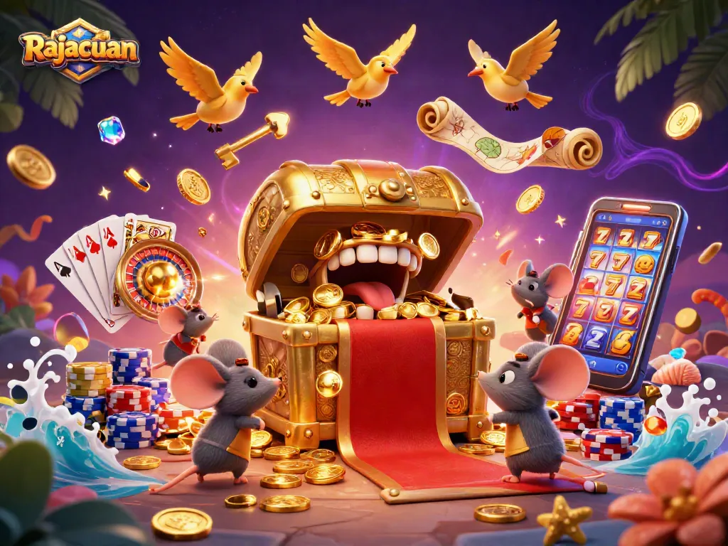 Rajacuan features a lively treasure scene with golden coins and rich casino elements engaging mouse adventurers.