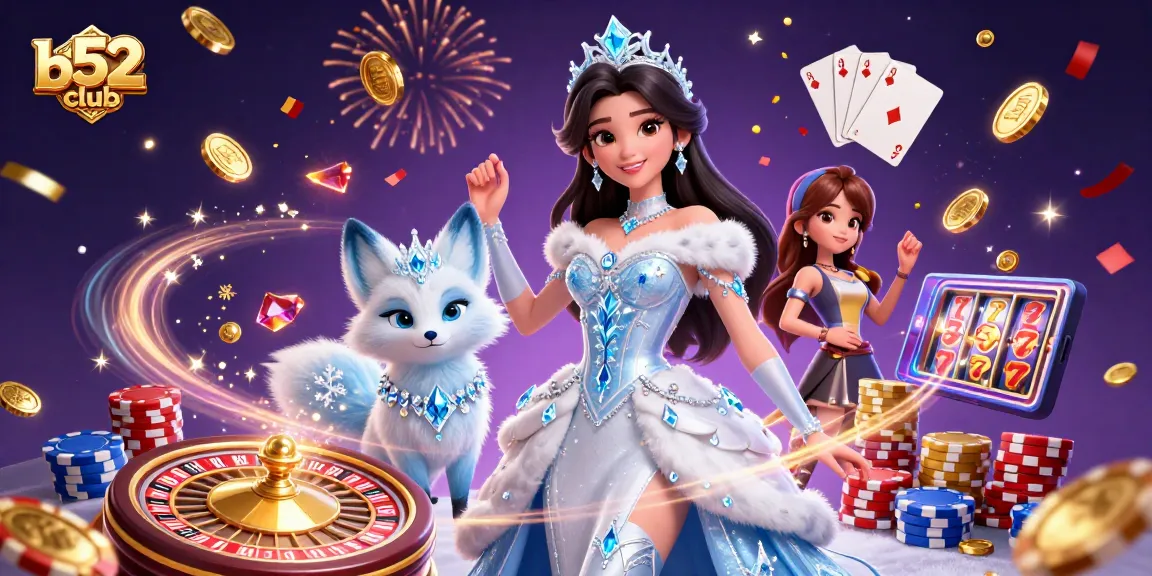 B52Club brings luck with a dazzling scene of golden coins and a glamorous ice queen in action.