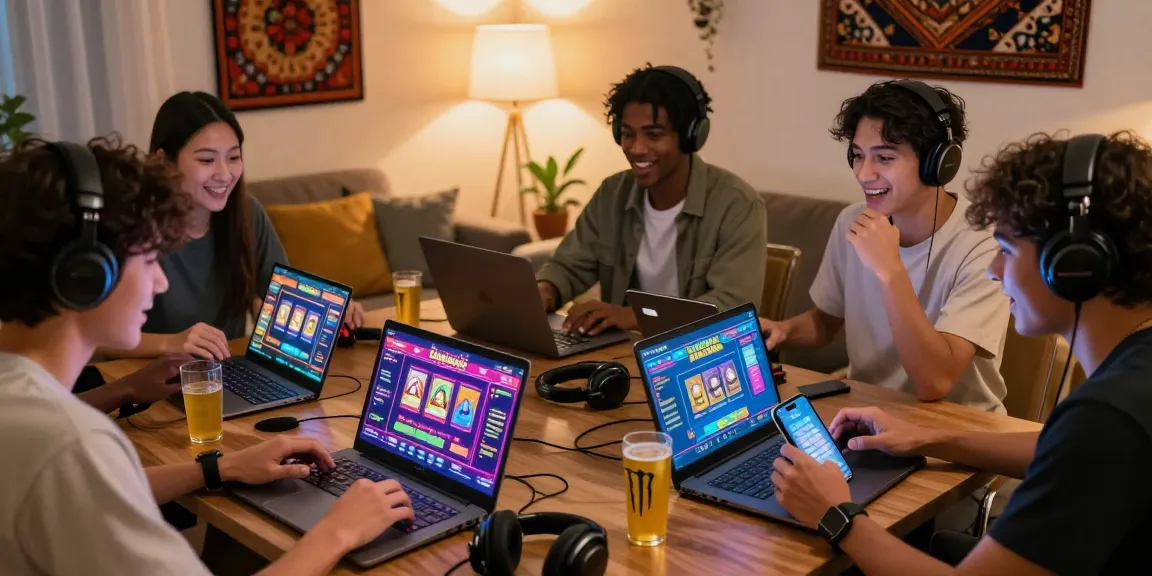 Exciting group of friends exploring bandar slot games in a cozy setting.