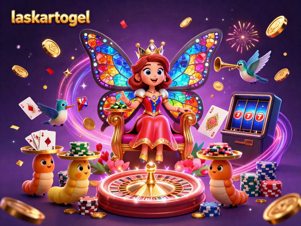 Experience thrilling wins with laskartogel's butterfly queen and dynamic game elements in a magical casino scene.
