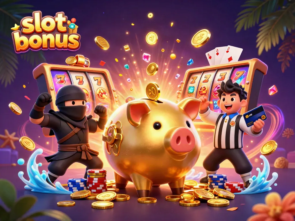 Experience the thrill of slot bonuses with a golden piggy bank sumo wrestler and dazzling gaming elements.