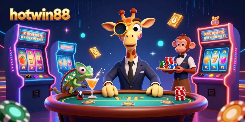 Experience thrills with hotwin88 in a vibrant casino atmosphere featuring a giraffe, monkey, and chameleon.