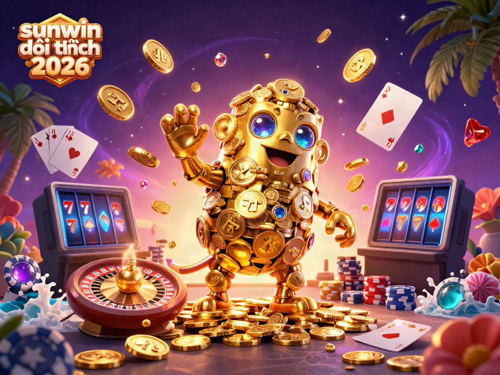 Dynamic scene illustrating sunwin đổi thưởng 2026, featuring a golden golem surrounded by casino elements.