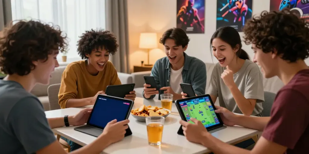 Friends enjoying Yono Games on smartphones in a cozy living room.