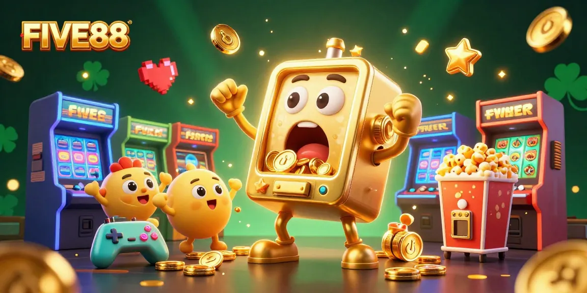 FIVE88 slot machine celebrating jackpot wins with cheerful baby machines and a popcorn machine.